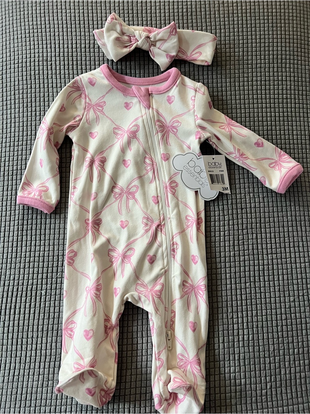 Baby Essentials White and Pink Bow-Print Footed One-Piece with Headband